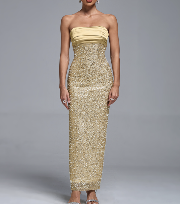 STRAPLESS gold midi dress